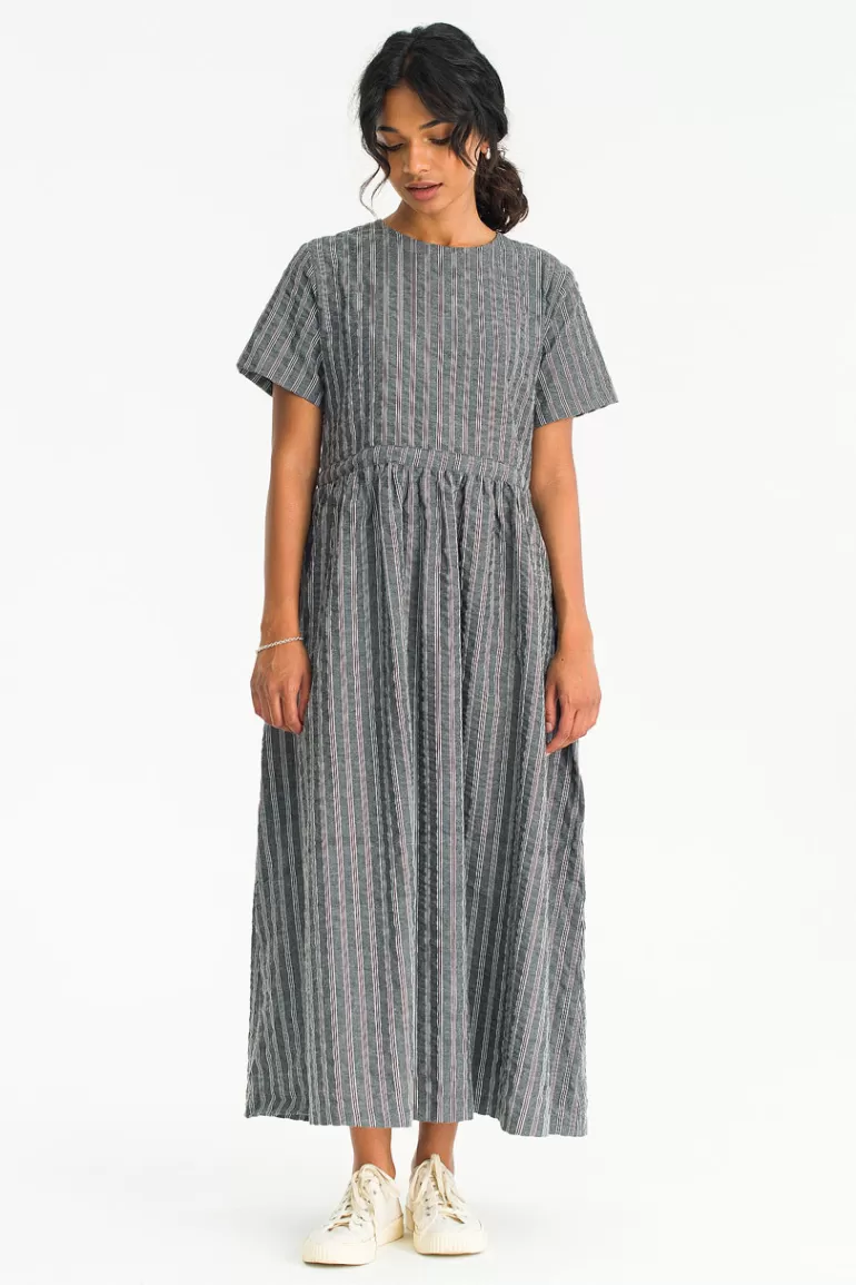Women Olive Clothing Embossed Cotton Stripe Dress, Dark Grey