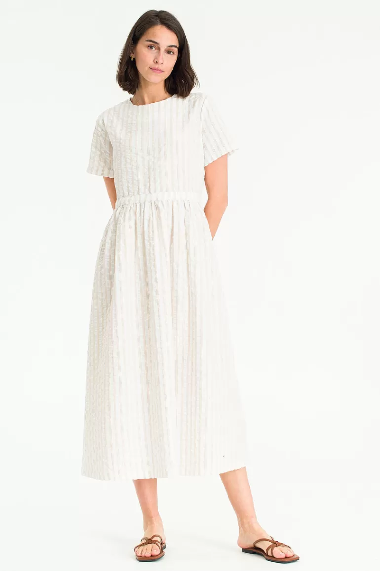 Women Olive Clothing Embossed Cotton Stripe Dress, Ivory