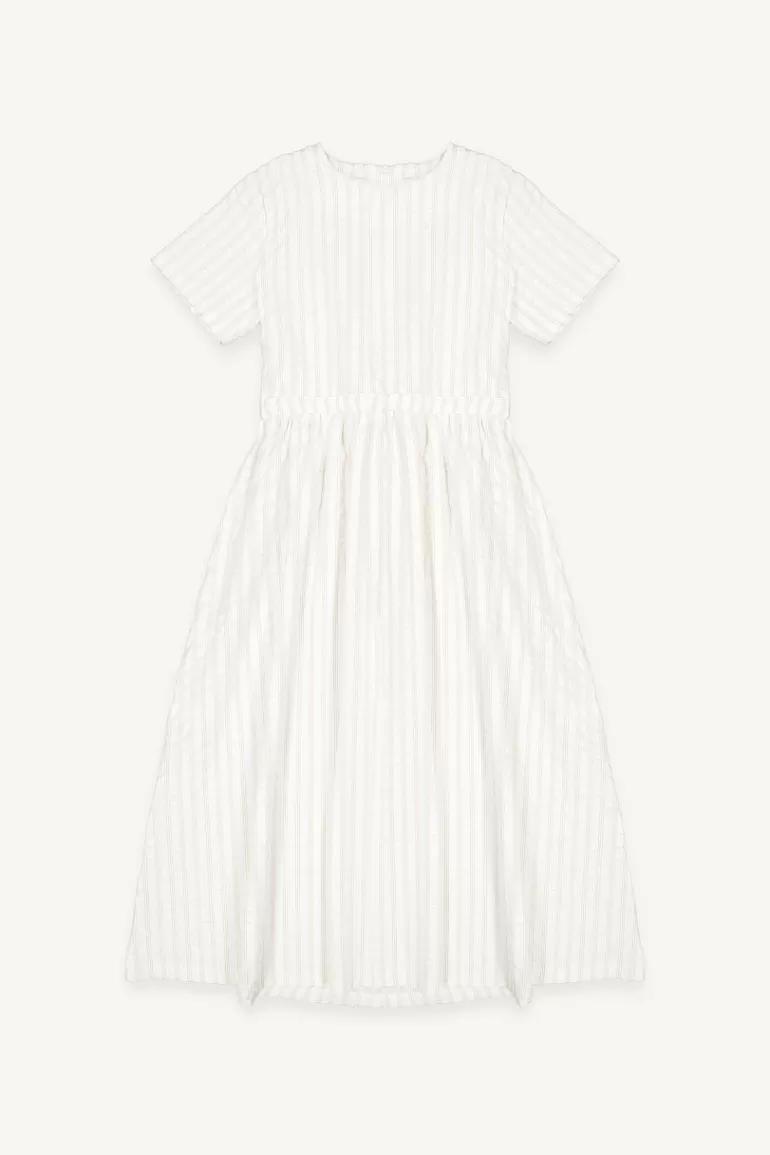 Women Olive Clothing Embossed Cotton Stripe Dress, Ivory