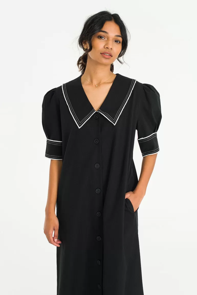 Women Olive Clothing Embroidery Collar Dress, Black