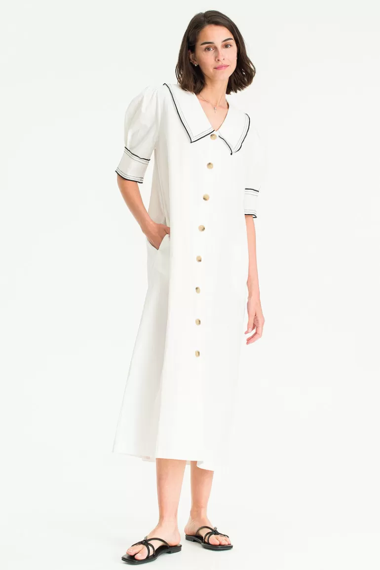 Women Olive Clothing Embroidery Collar Dress, Ivory