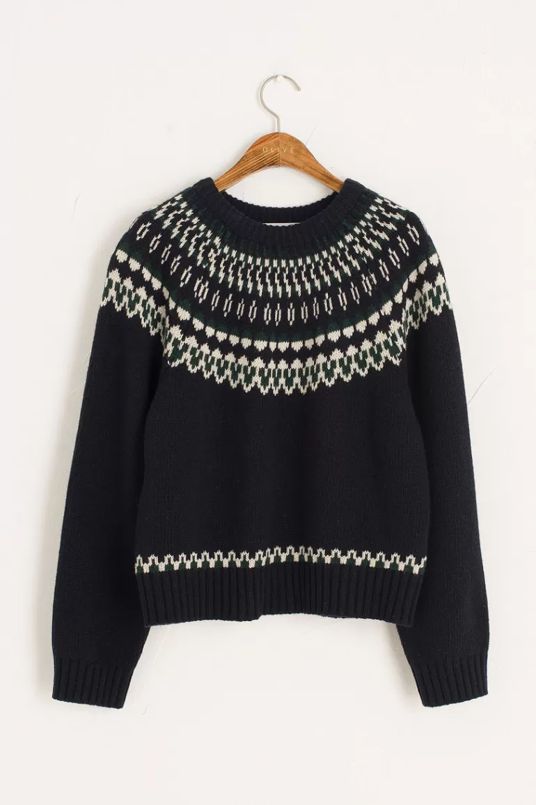 Women Olive Clothing Fair Isle Crew Jumper, Navy