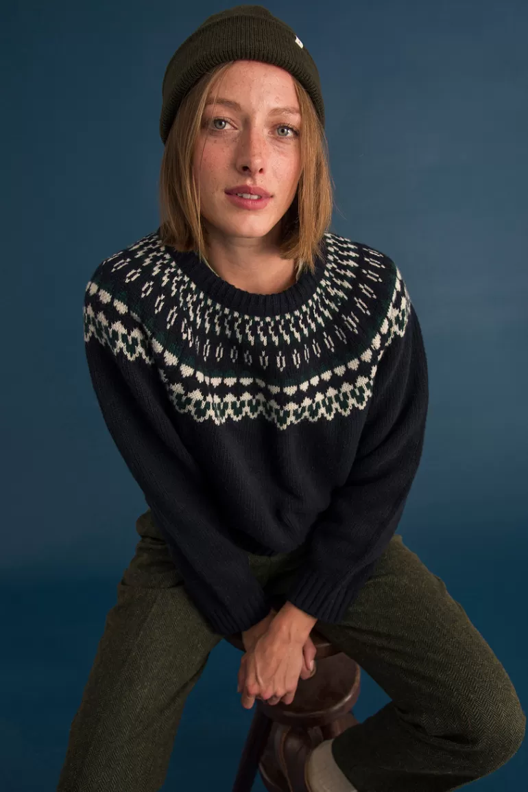 Women Olive Clothing Fair Isle Crew Jumper, Navy