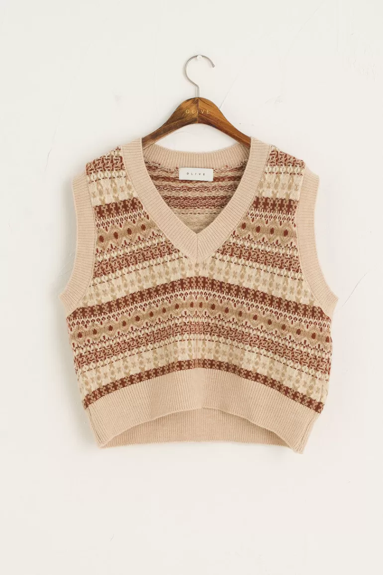 Women Olive Clothing Fair Isle Vest, Beige