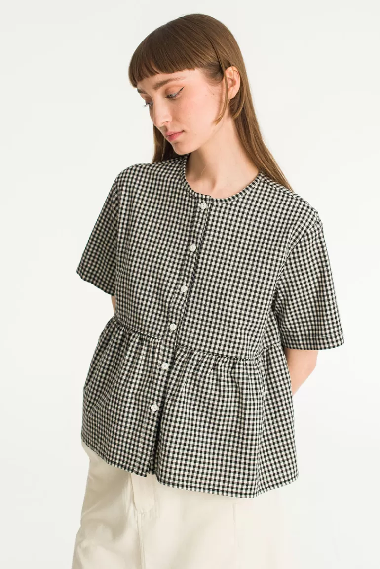 Women Olive Clothing Faye Gingham Half Sleeve Blouse, Black