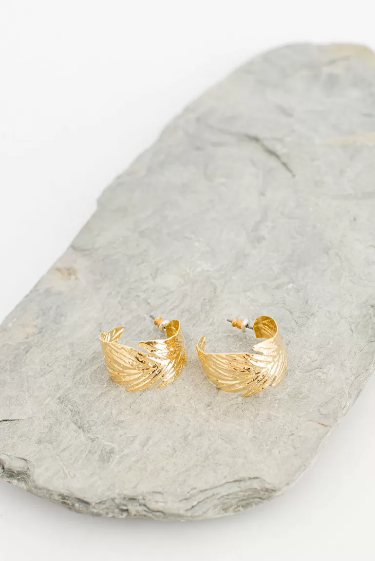 Women Olive Clothing Feather Hoop Earrings, Gold Plated