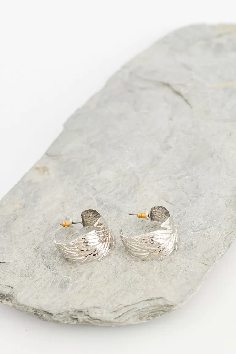 Women Olive Clothing Feather Hoop Earrings, Silver Plated