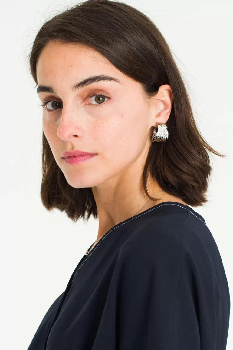 Women Olive Clothing Feather Hoop Earrings, Silver Plated