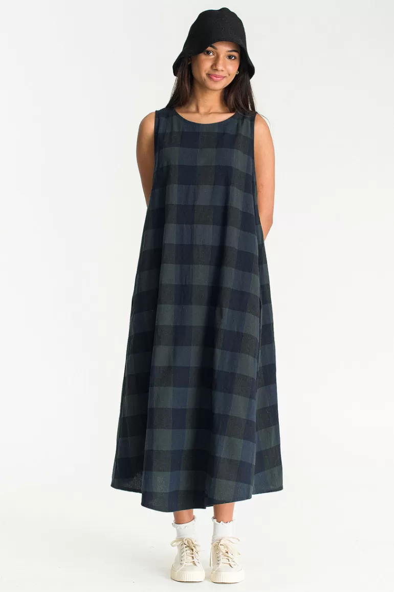 Women Olive Clothing Fiona Check Pinafore Dress, Navy