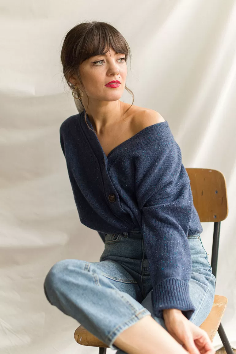 Women Olive Clothing Flecked Boyfriend Cardigan, Royal Blue