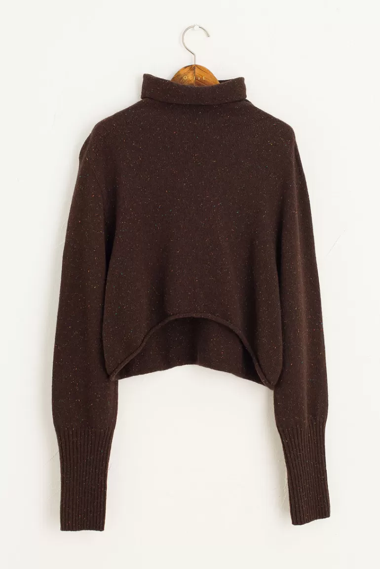 Women Olive Clothing Flecked Roll Neck Crop Jumper, Brown
