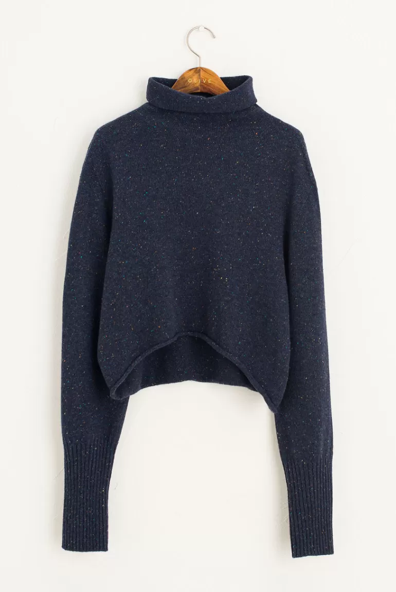 Women Olive Clothing Flecked Roll Neck Crop Jumper, Navy