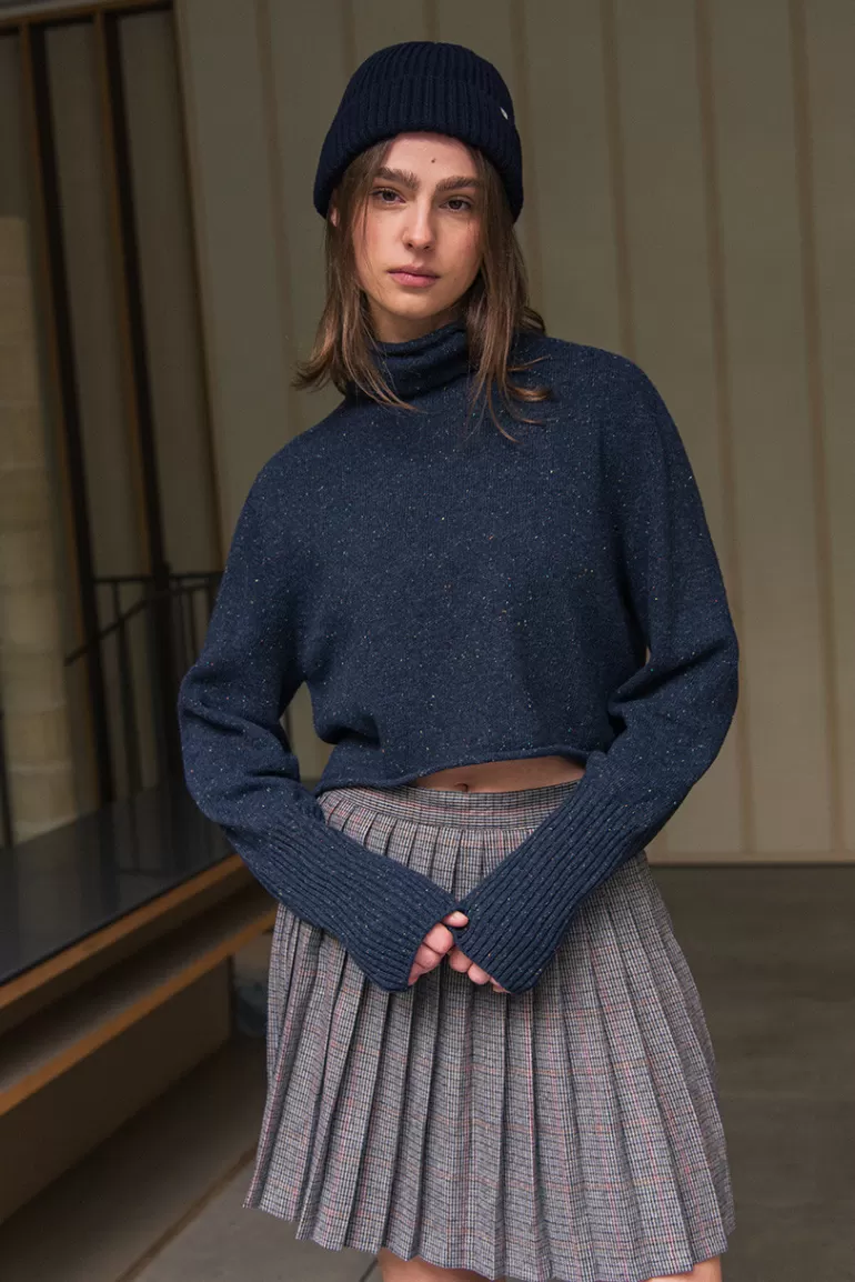 Women Olive Clothing Flecked Roll Neck Crop Jumper, Navy