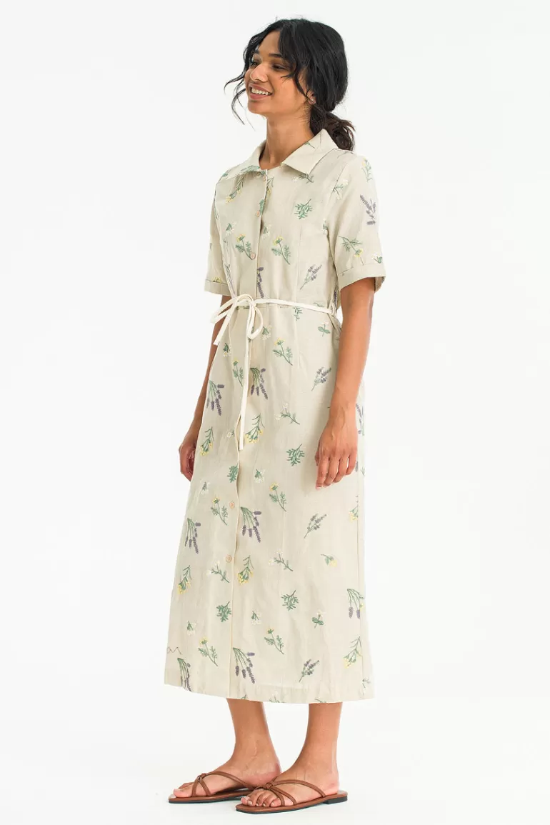 Women Olive Clothing Floral Embroidery Dress, Beige