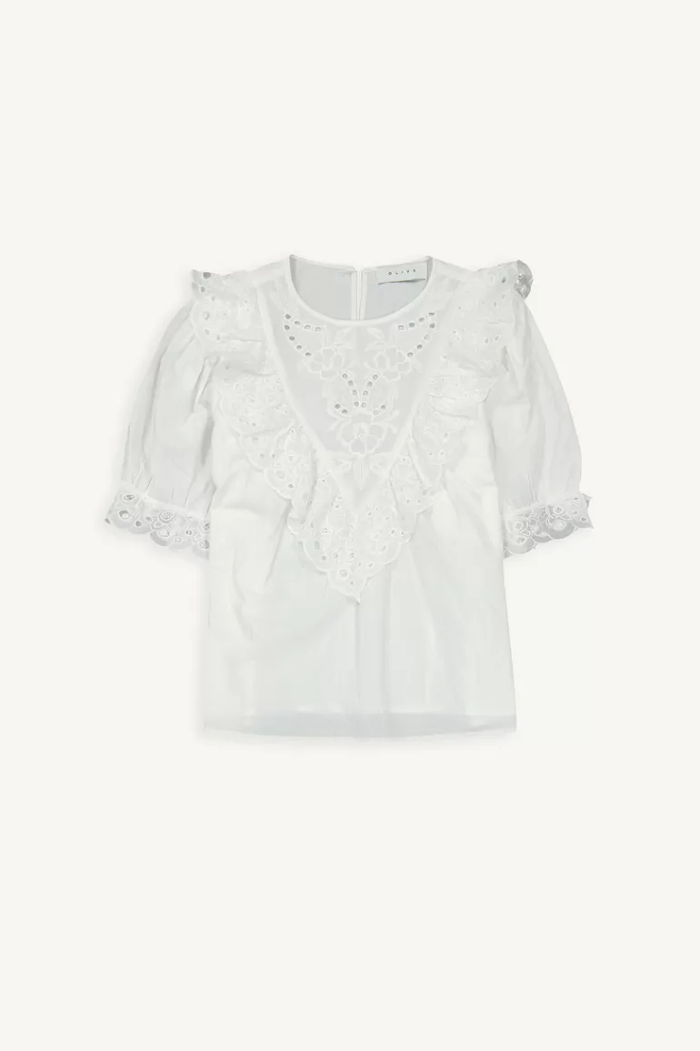 Women Olive Clothing Flower Embroidery Blouse, Ivory