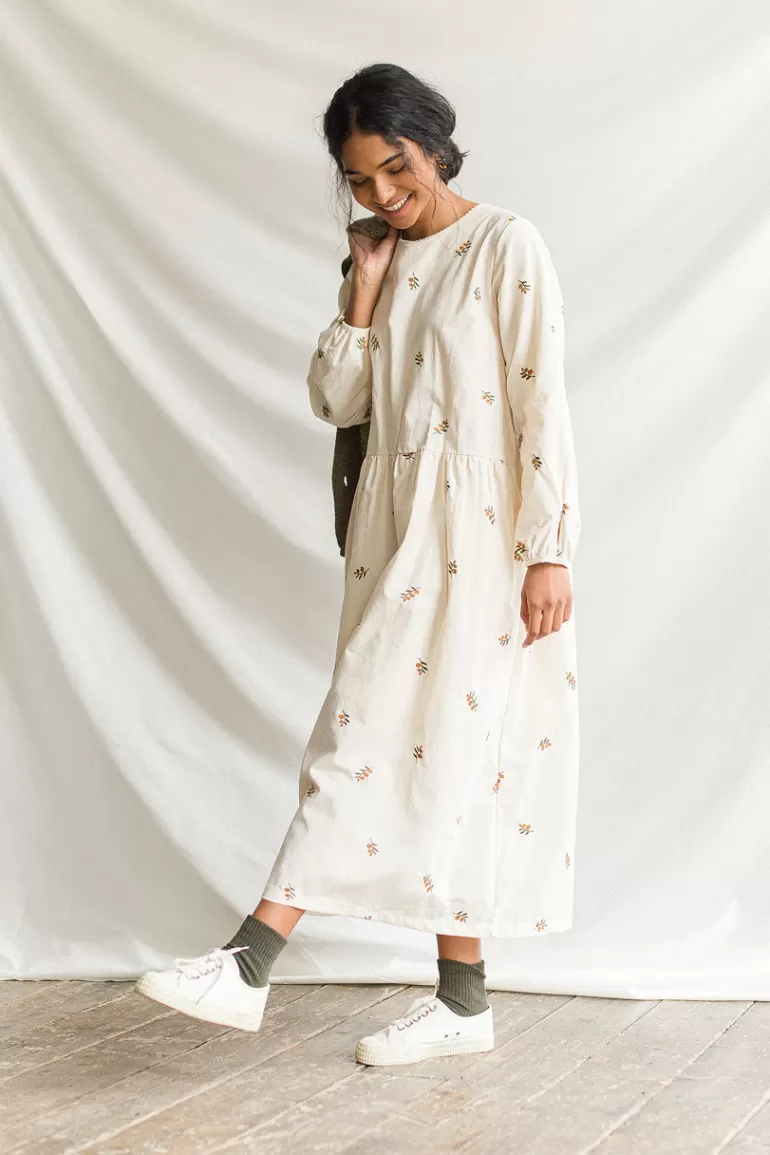 Women Olive Clothing Foxglove Embroidered Dress, Ivory