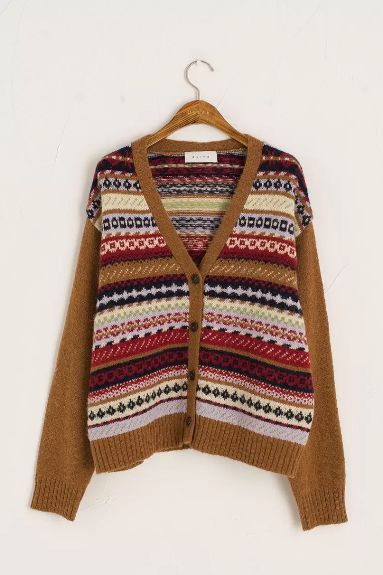 Women Olive Clothing Frances Fair Isle Cardigan, Brown