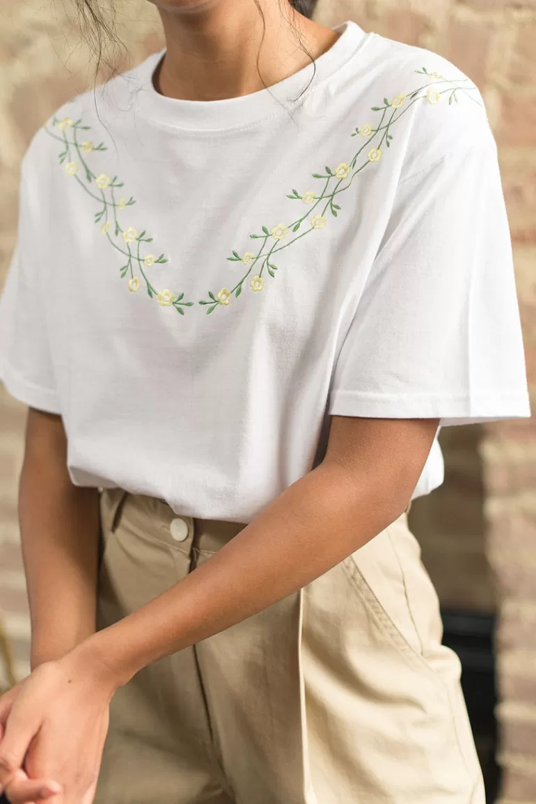 Women Olive Clothing Freesia Vine Embroidery Tee, Ivory