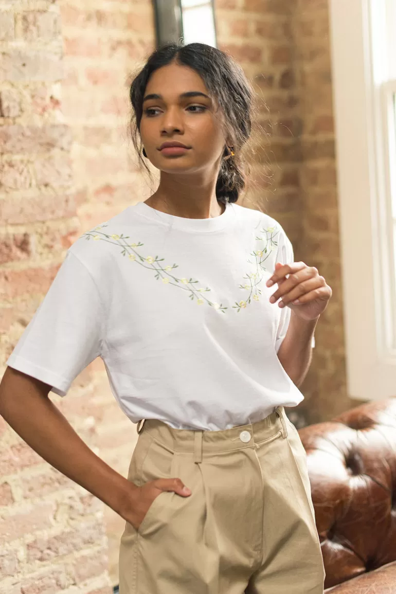 Women Olive Clothing Freesia Vine Embroidery Tee, Ivory