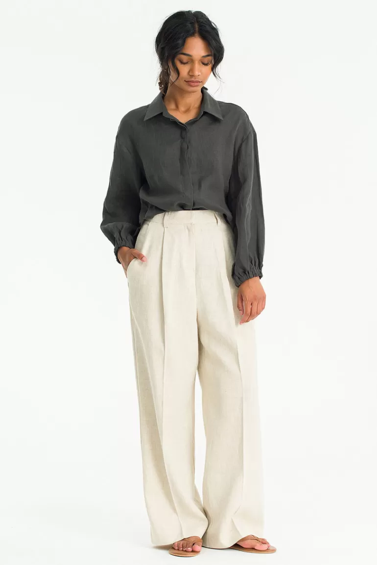 Women Olive Clothing Freya Linen Shirt, Charcoal