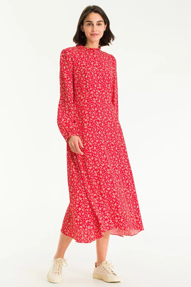 Women Olive Clothing Frill Neck Long Dress, Red