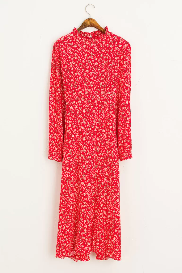 Women Olive Clothing Frill Neck Long Dress, Red