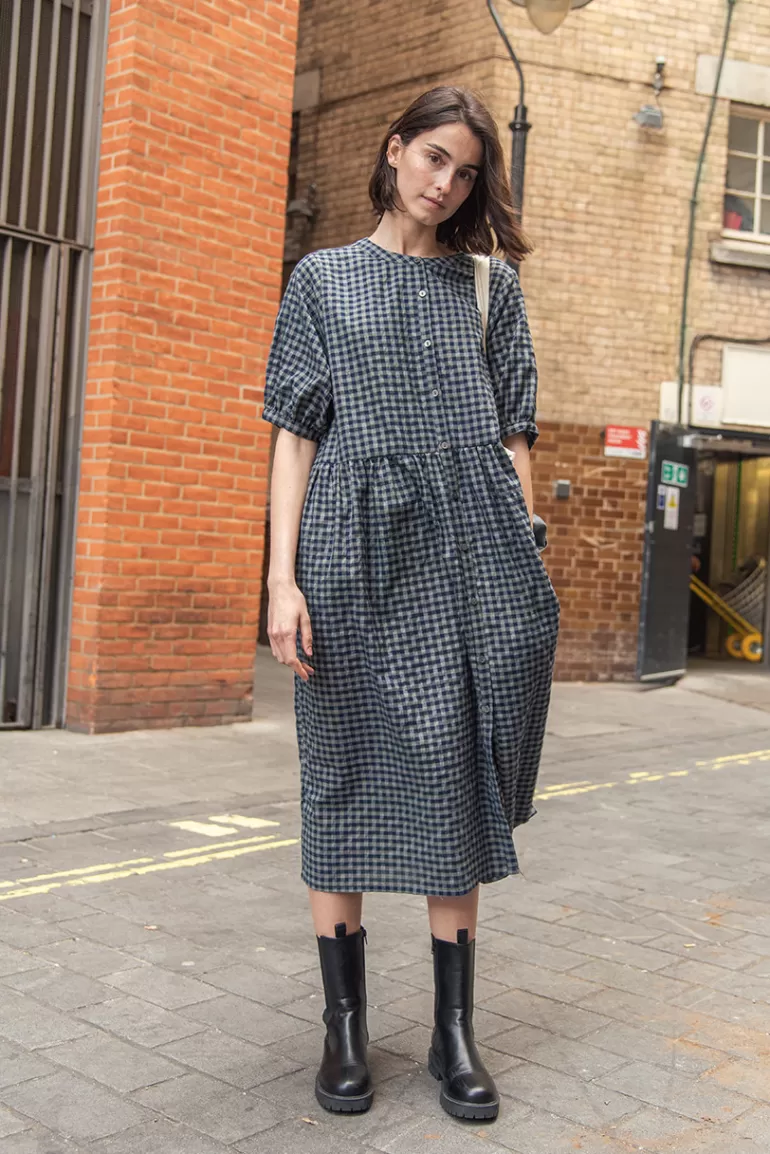 Women Olive Clothing Gingham Babydoll Dress, Navy