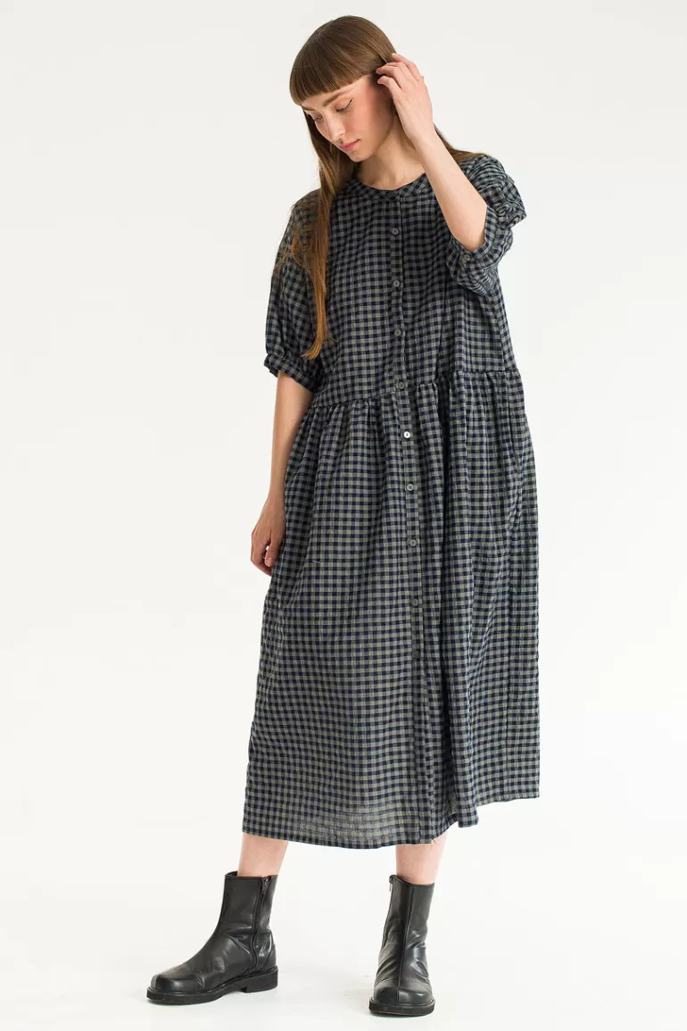 Women Olive Clothing Gingham Babydoll Dress, Navy