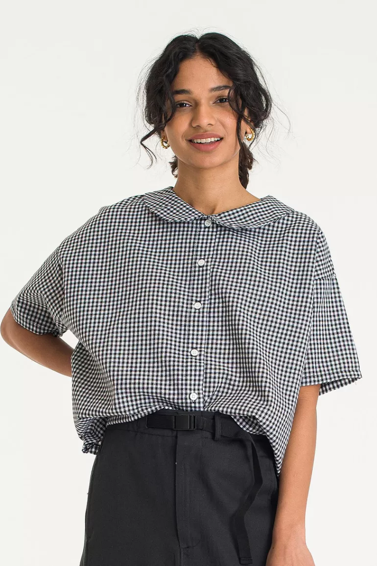Women Olive Clothing Gingham Check Collar Blouse, Black