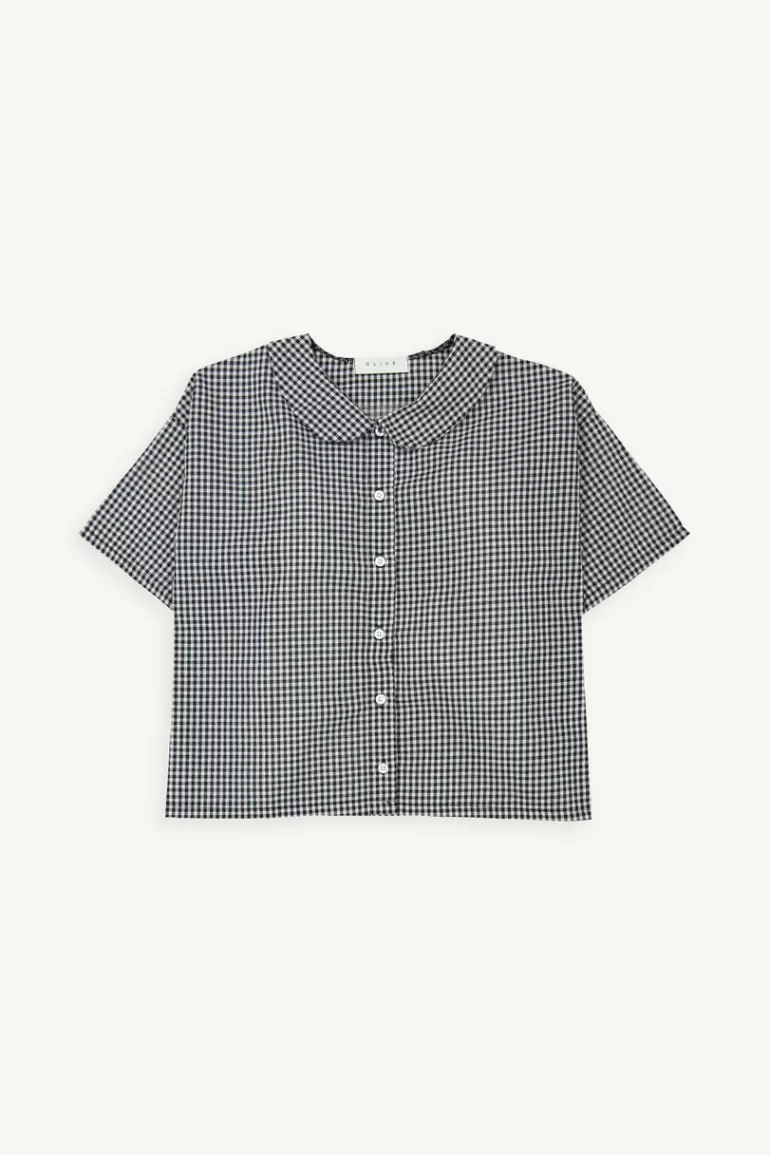 Women Olive Clothing Gingham Check Collar Blouse, Black