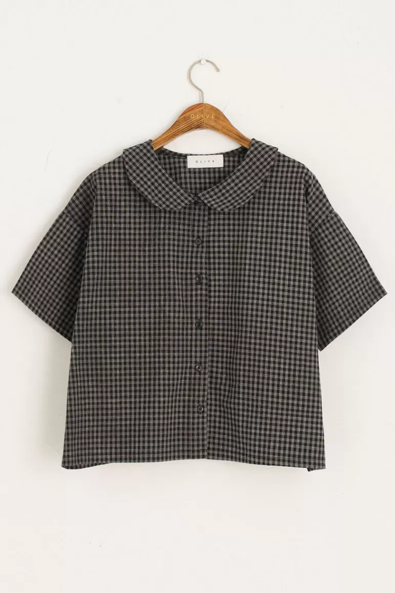 Women Olive Clothing Gingham Check Collar Blouse, Charcoal