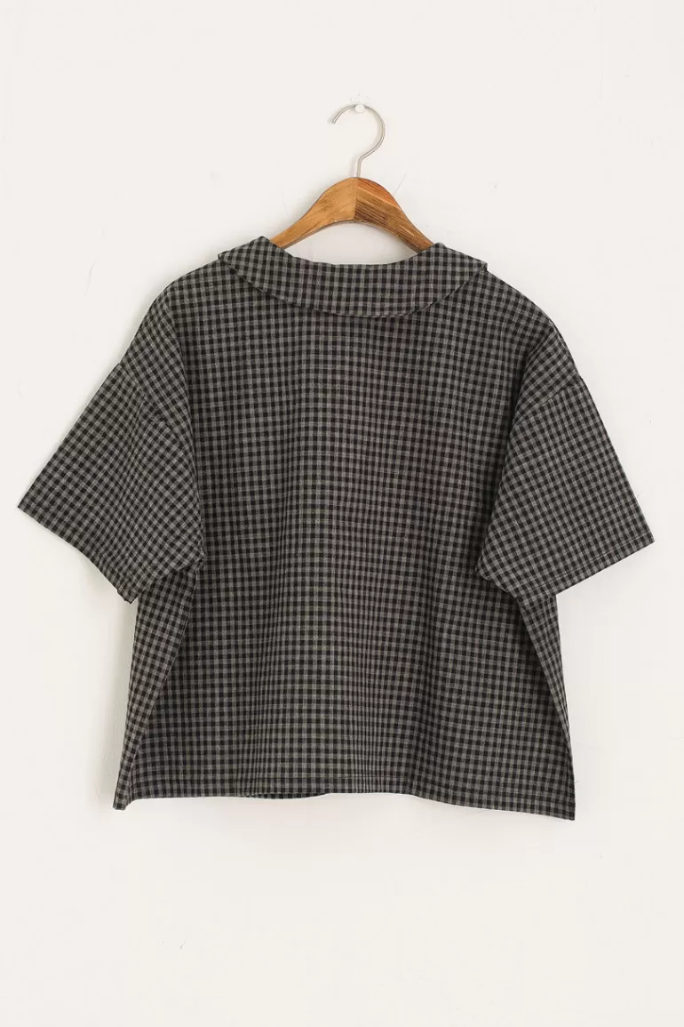 Women Olive Clothing Gingham Check Collar Blouse, Charcoal