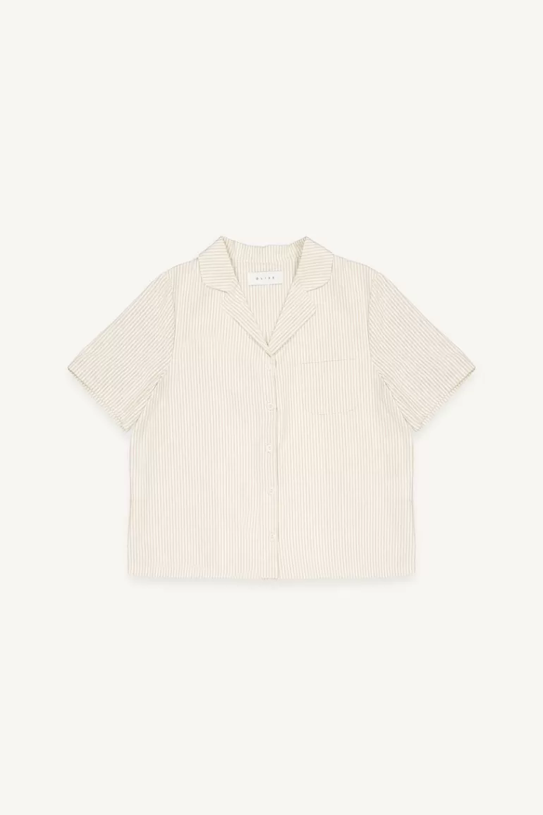 Women Olive Clothing Haco Camp Collar Stripe Shirt, Beige