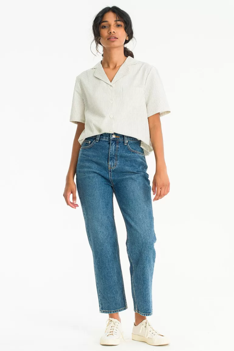 Women Olive Clothing Haco Camp Collar Stripe Shirt, Navy