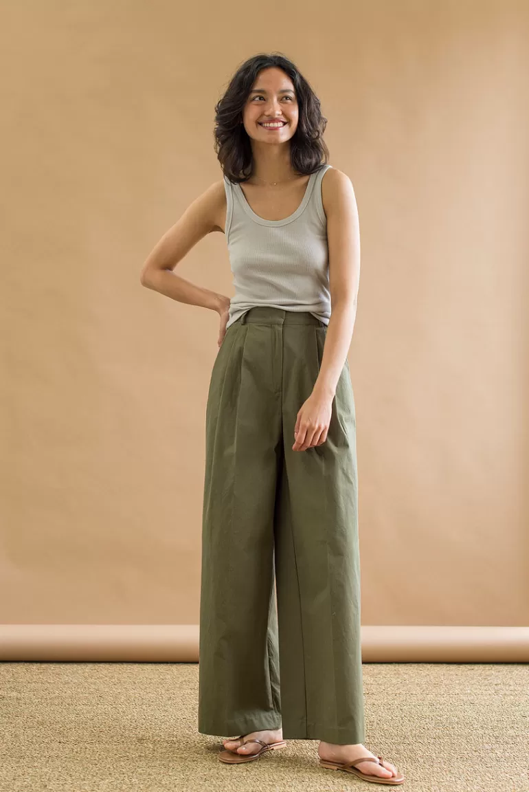 Women Olive Clothing Hako Wide Long Pants, Khaki