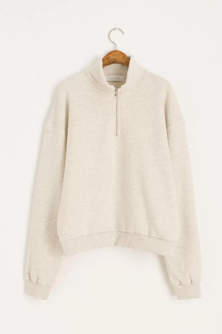 Women Olive Clothing Half Zip Fleece, Oat