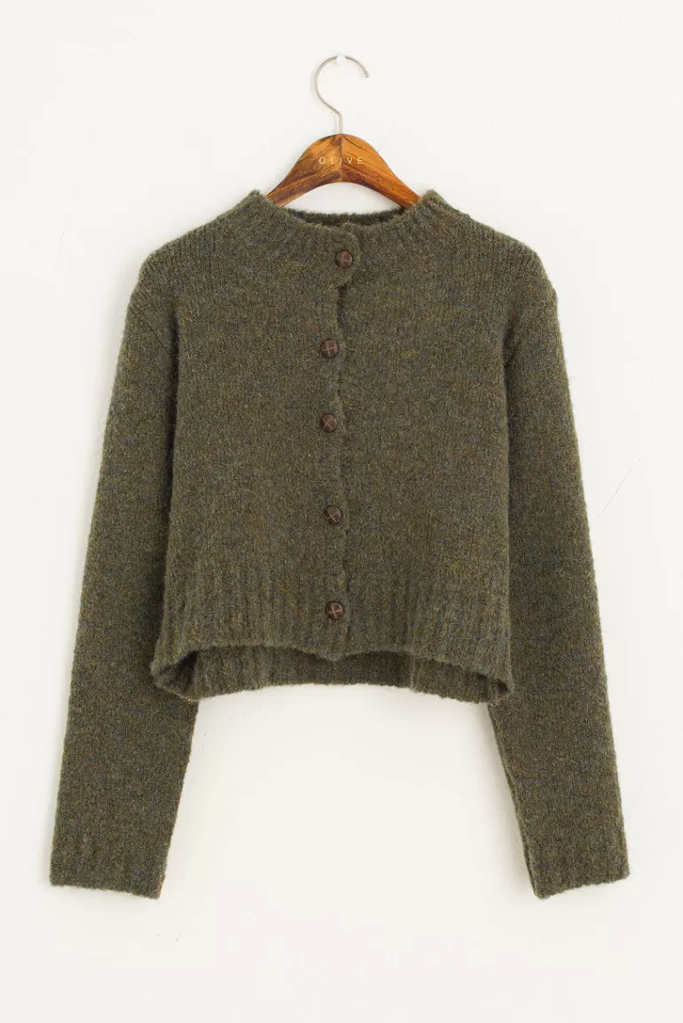 Women Olive Clothing Hana Mini Crop Cardigan, Khaki Melange