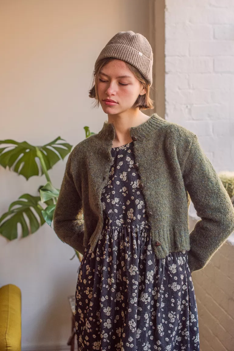 Women Olive Clothing Hana Mini Crop Cardigan, Khaki Melange