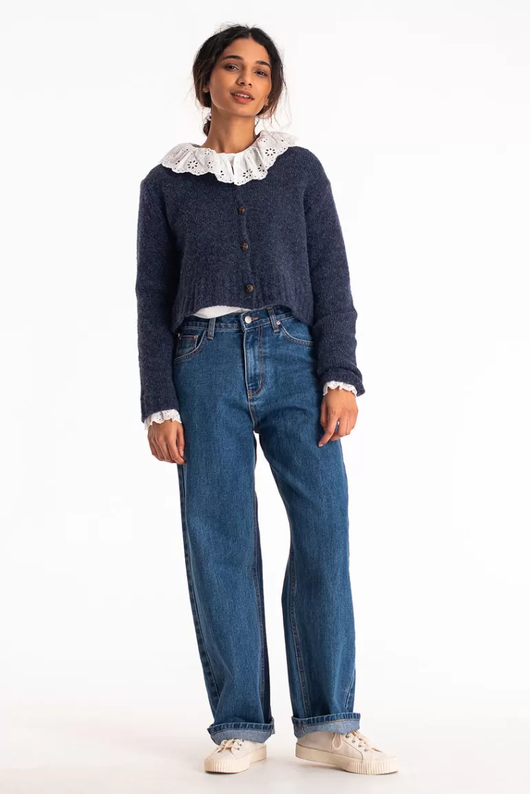 Women Olive Clothing Hana Mini Crop Cardigan, Slate Blue