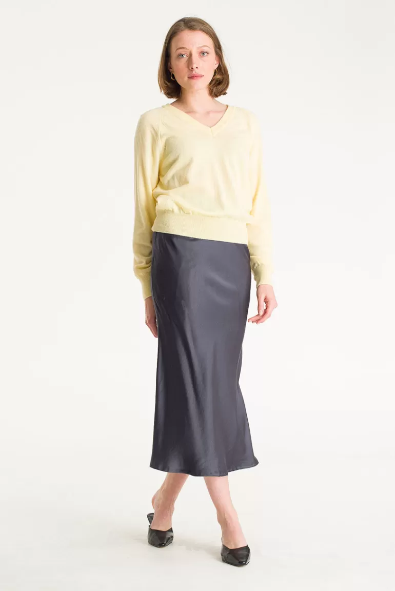 Women Olive Clothing Hana Satin Long Skirt, Charcoal