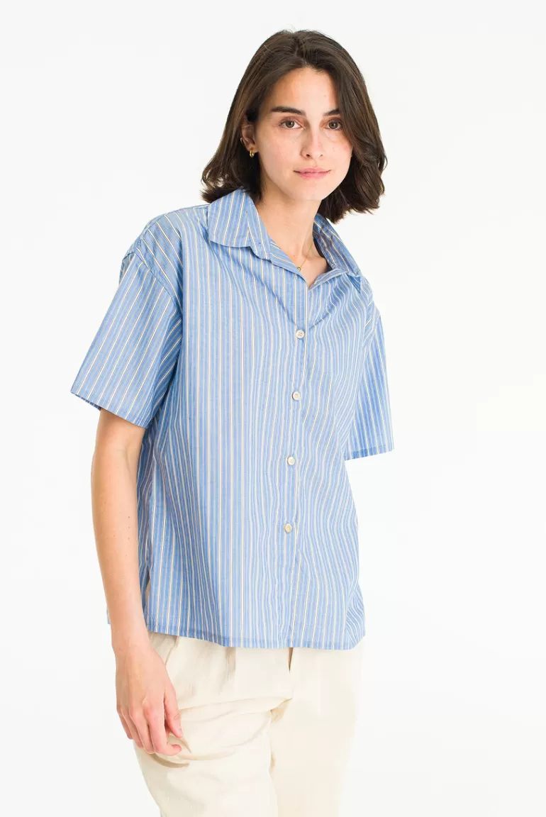 Women Olive Clothing Hana Short Sleeve Stripe Shirt, Mid Blue