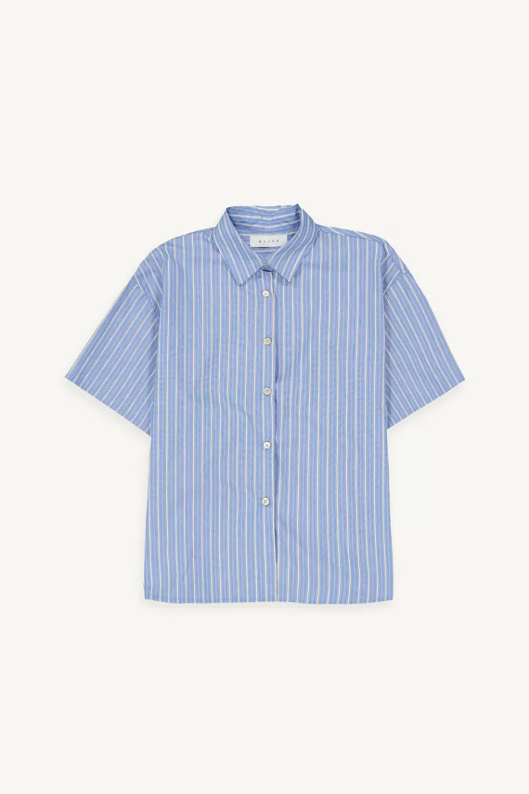 Women Olive Clothing Hana Short Sleeve Stripe Shirt, Mid Blue