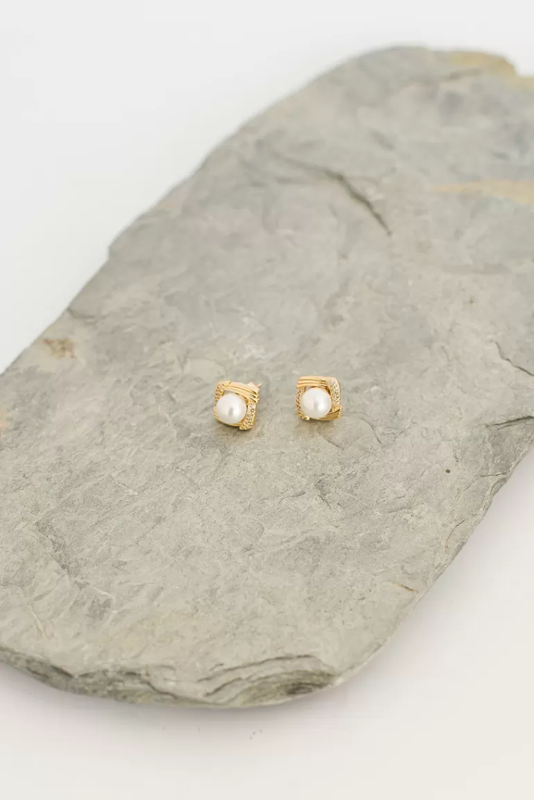 Women Olive Clothing Hannah Square Pearl Earrings, Gold Plated