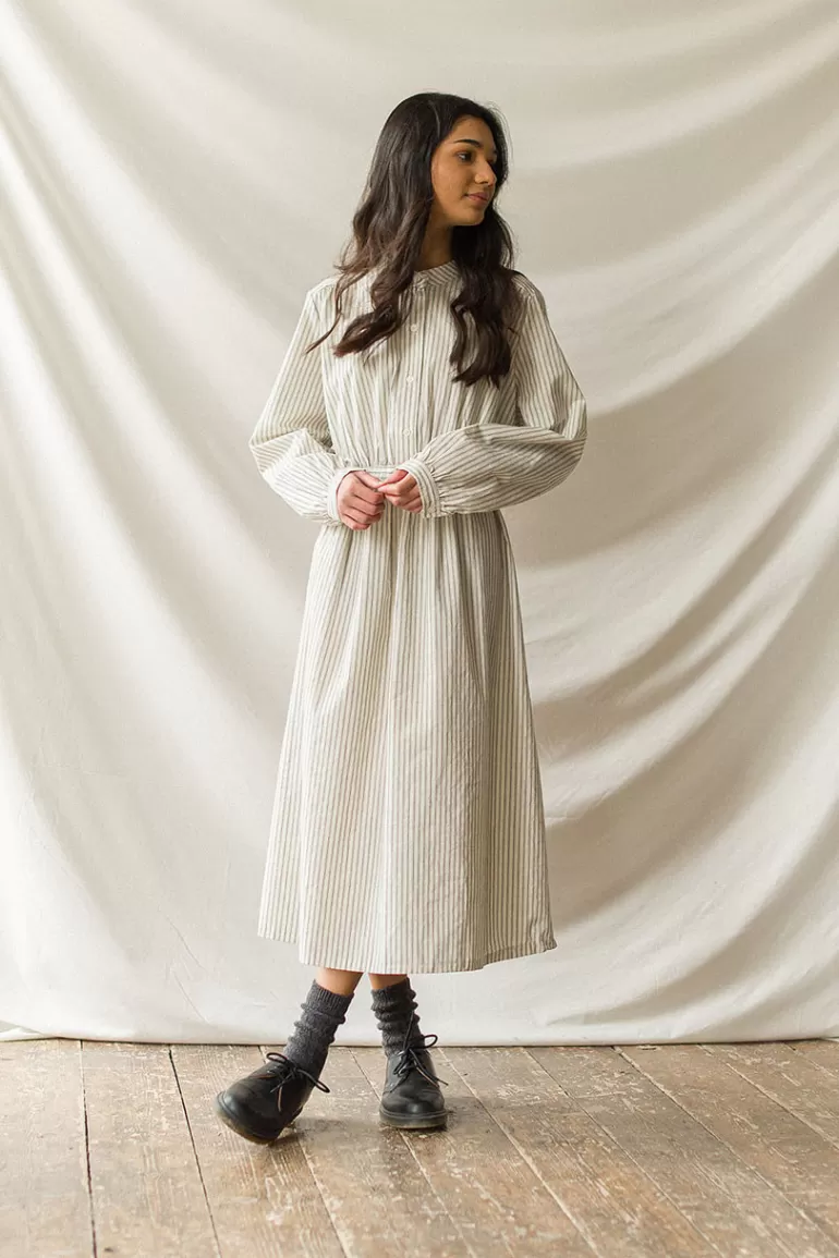 Women Olive Clothing Henley Pin Stripe Dress, Ivory/Black