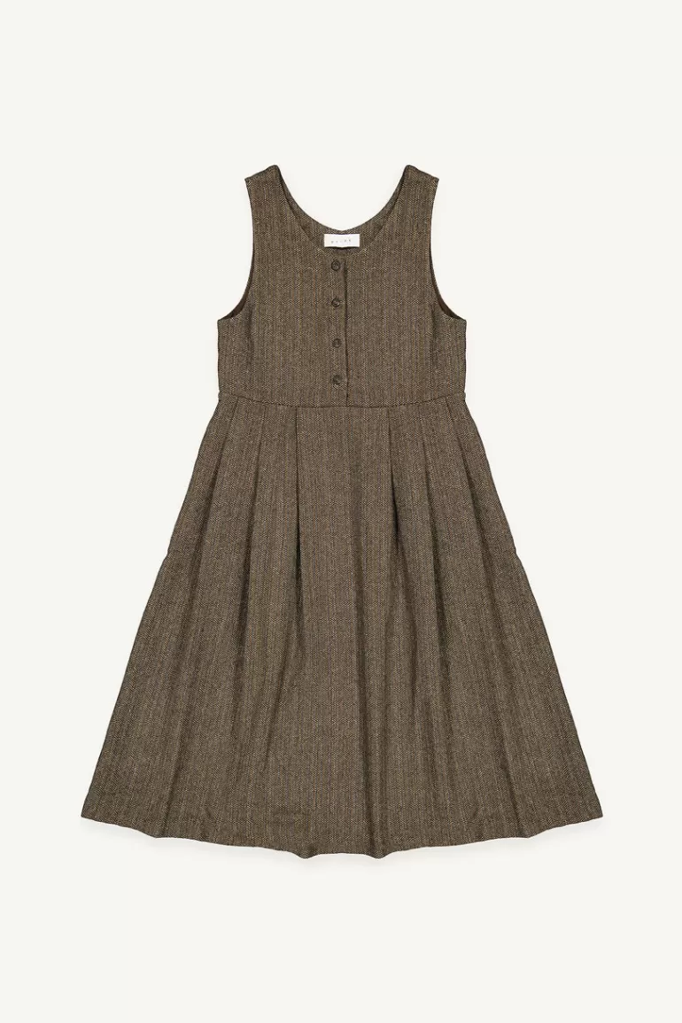 Women Olive Clothing Herringbone Button Babydoll Dress, Coffee