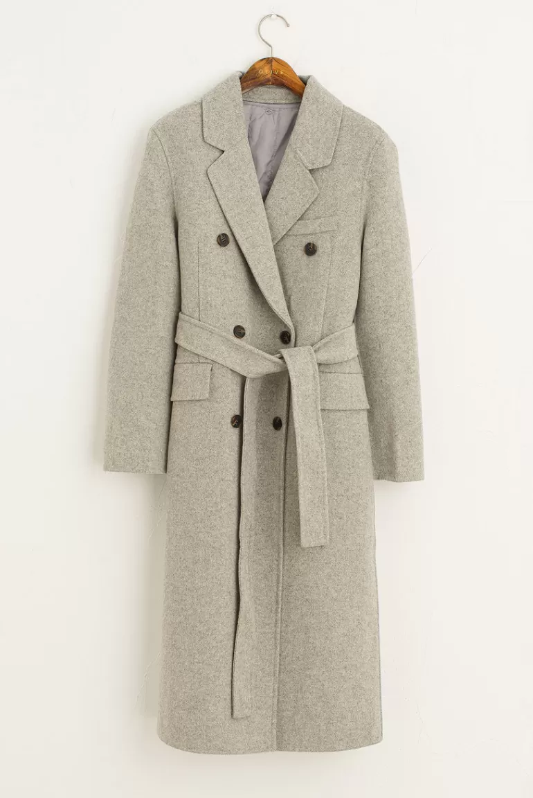 Women Olive Clothing Herringbone Double Button Long Coat, Grey
