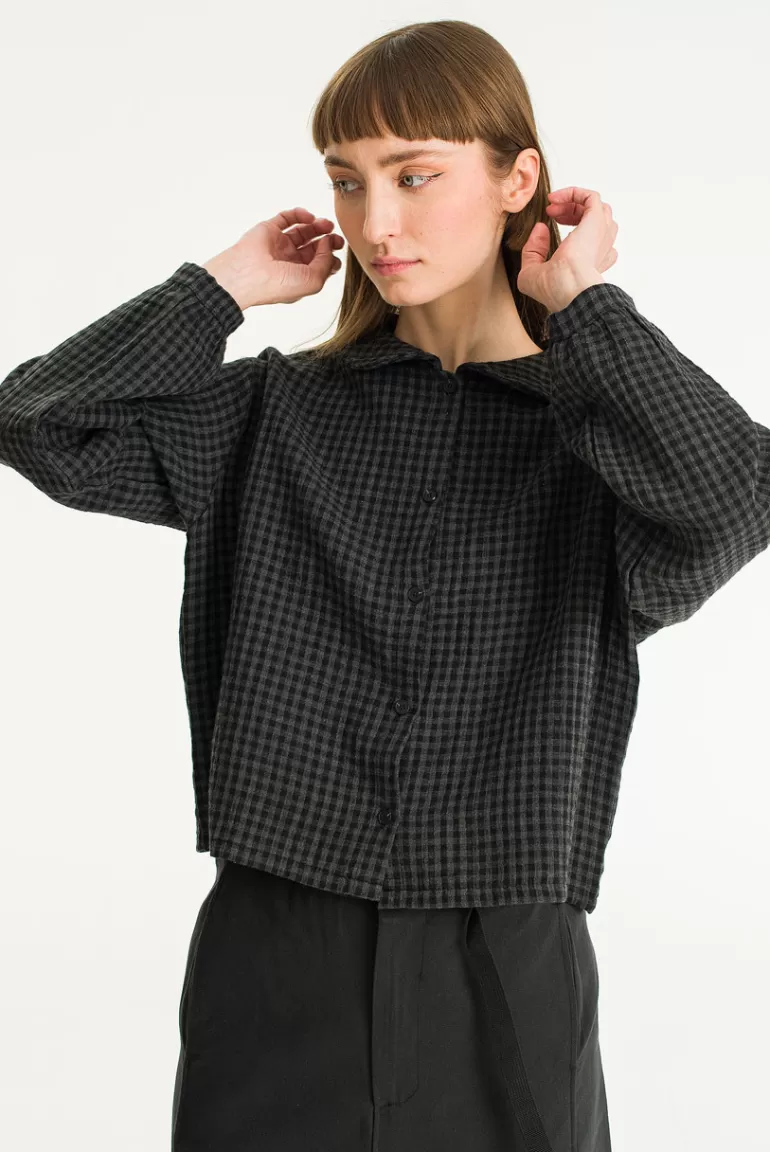 Women Olive Clothing Hoya Peter Pan Collar Gingham Blouse, Charcoal