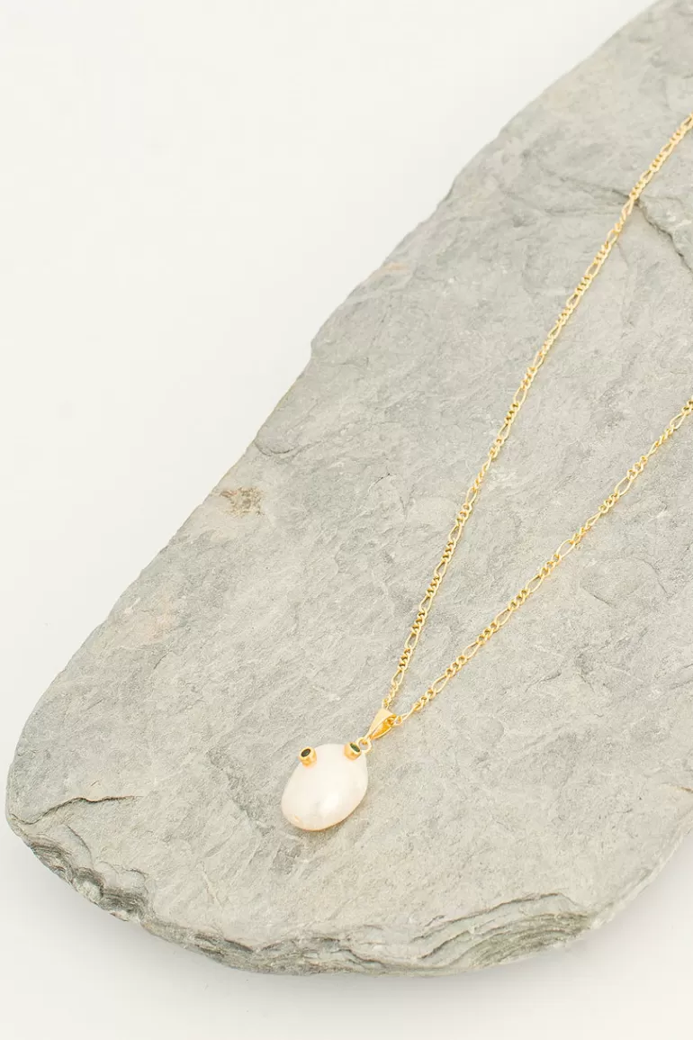 Women Olive Clothing Jacqueline Pearl Drop Emerald Necklace, 14K Gold Plated Emerald