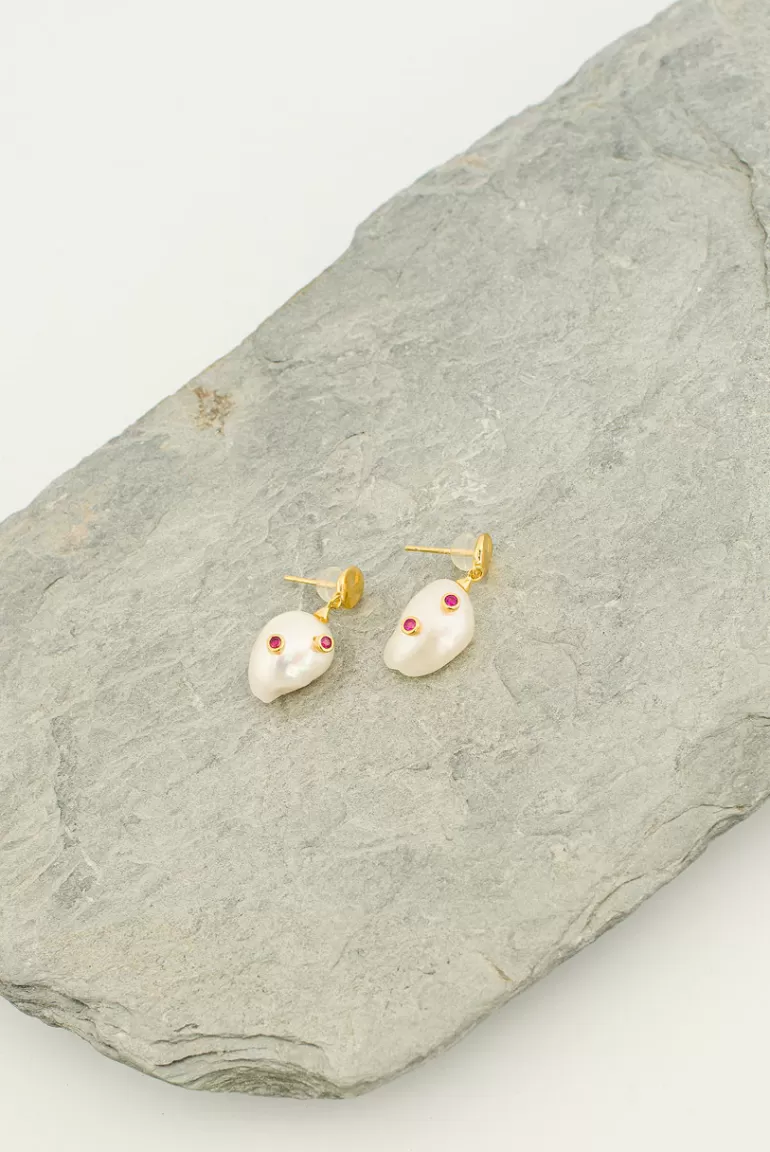 Women Olive Clothing Jacqueline Pearl Drop Ruby Earrings, 14K Gold Plated