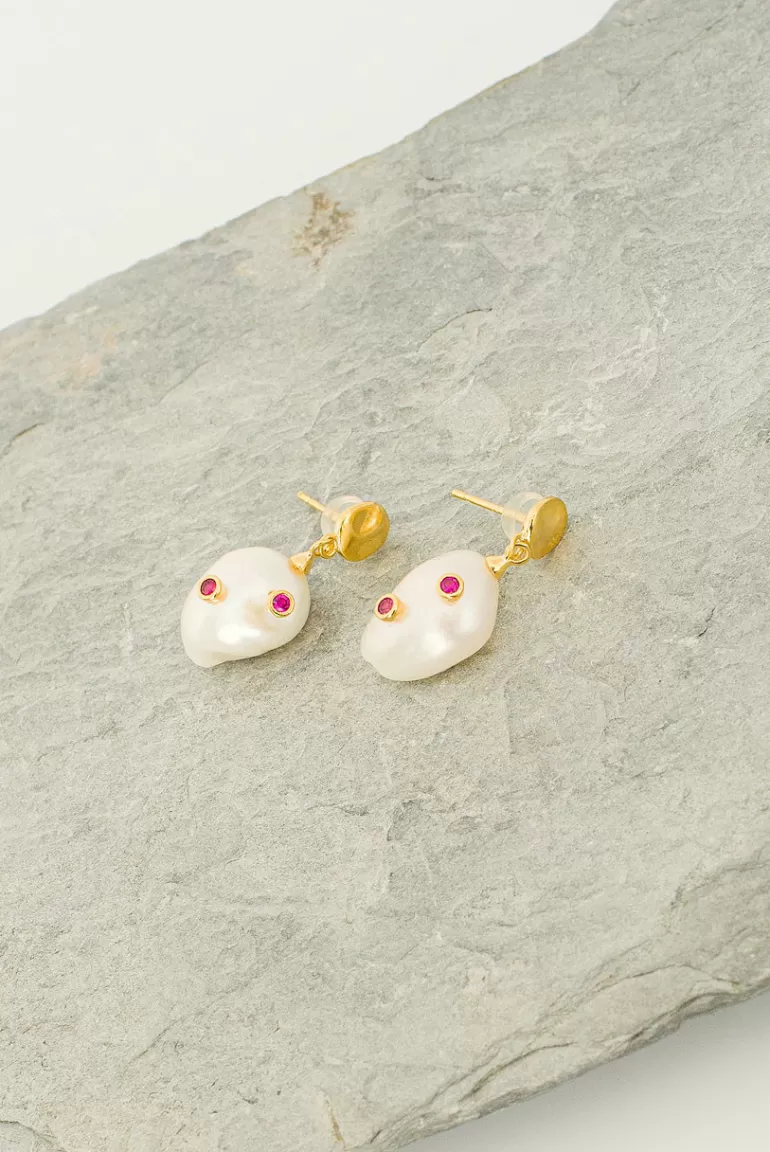 Women Olive Clothing Jacqueline Pearl Drop Ruby Earrings, 14K Gold Plated